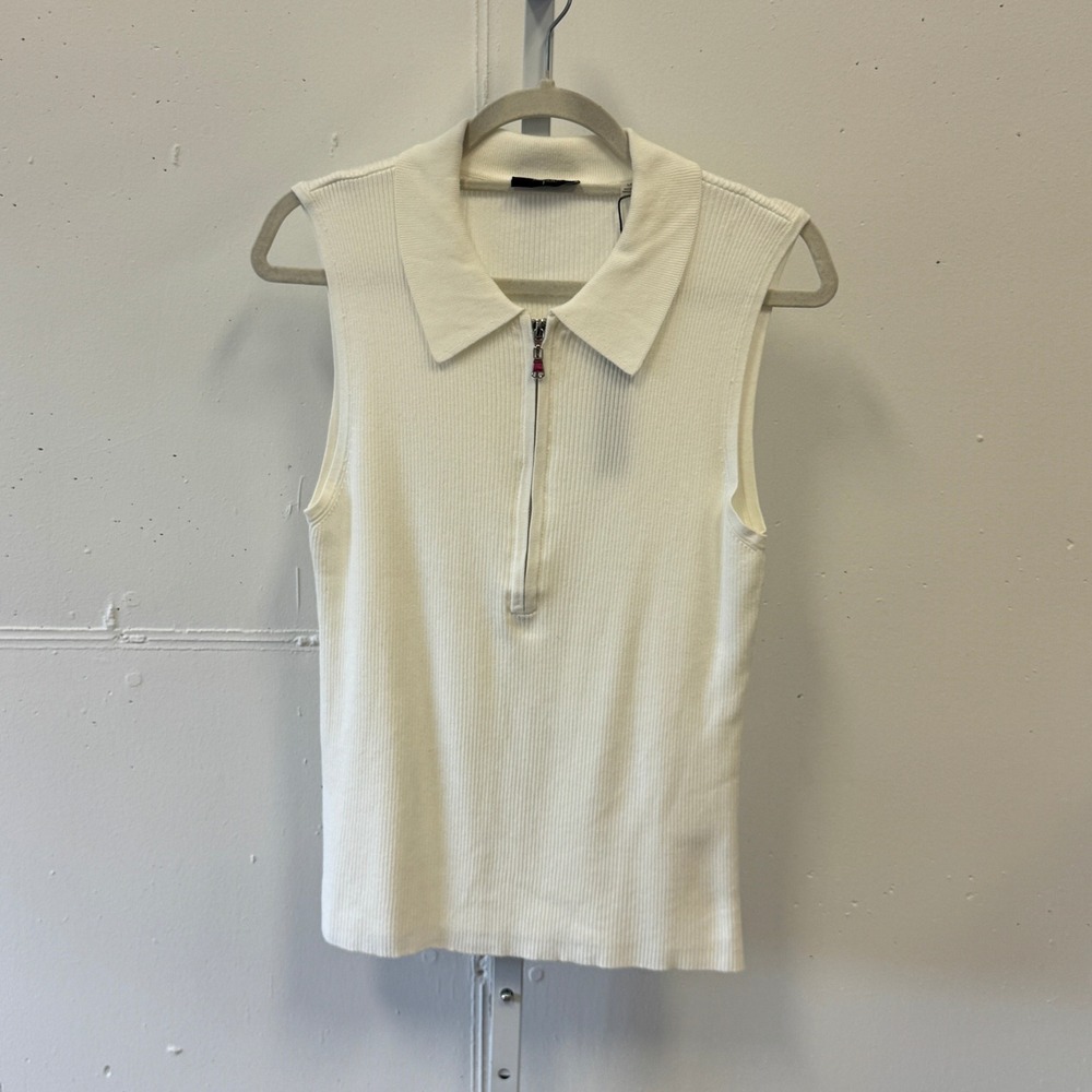NWT Tahari Bright White Ribbed Sleeveless Quarter Zip Polo Top TH42308 Size Lg
